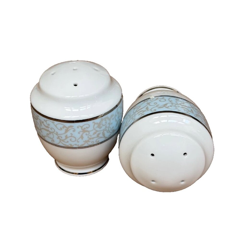 Mikasa BLUE PARCHMENT Fine China Salt & Pepper Shakers with Platinum Scrolls